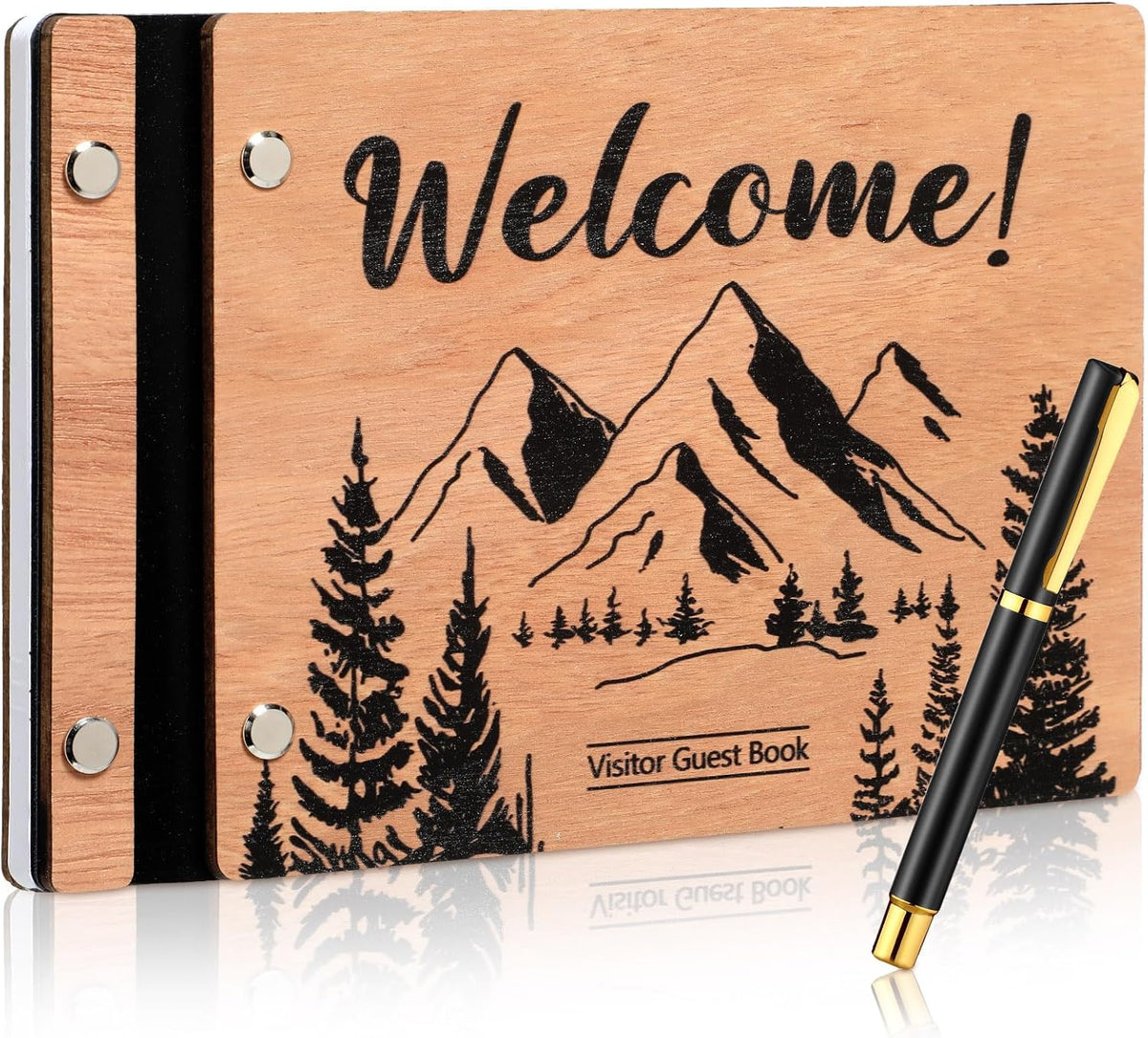 Visitor Wooden Guest Book with Pen 8 x 6 Inches 120 Pages Memory Scrapbook Rustic Signature Party Sign in Xmas Gift for Couple Guests Book