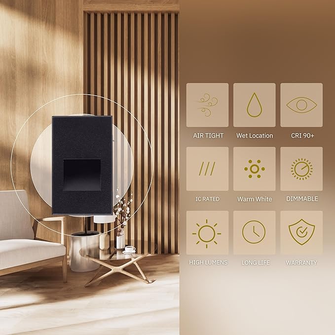 3W LED Vertical Step Lights, Black Finish, 120V Dimmable LED Stair Lights Indoor and Outdoor, 125 Lumens, CRI 90+, IP-65 IC Rated, ETL Listed, Warm White 3000k