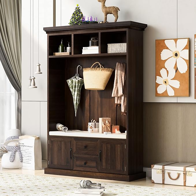 RUNNA Wooden 3-in-1 Hall Tree with 2 Cabinet and 2 Drawers,3 Open Shelves and 3 Hooks,Coat Hanger and Storage Bench,for Livingroom Hallway Entryway Use (Tiger@Hanger)