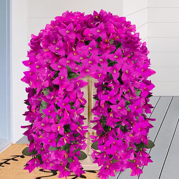 Artificial Bougainvillea Flowers for Outdoor Plant,2 pcs Faux Hanging Flowers Bougainvillea for Outside Decoration,Fake Silk UV Resistant Vines for Front Door Porch(Fuchsia)