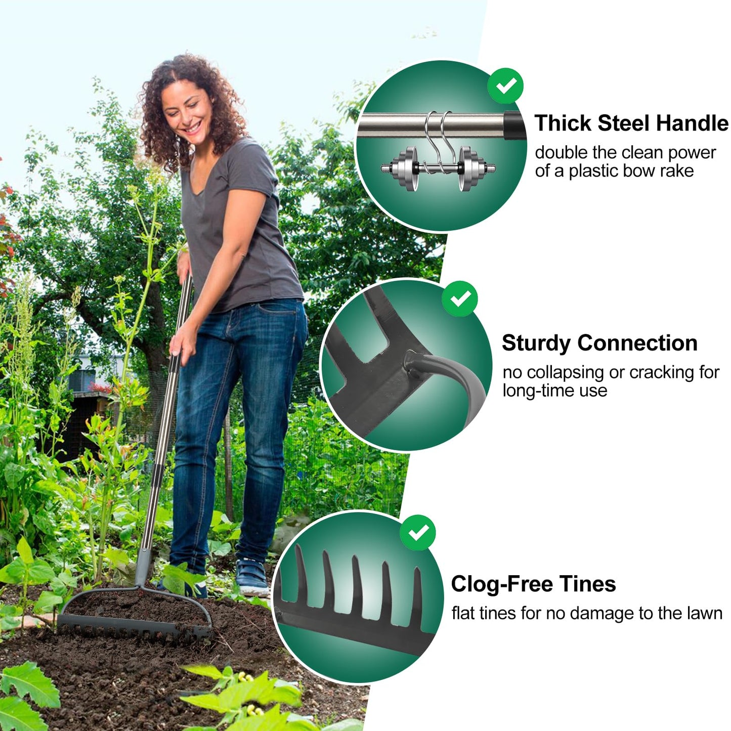 Rake for Leaves, Garden Bow Rake for Lawns Heavy Duty, 5 ft Back-Saving Long Handle, 14 Metal Tines, Yard Gardening Tools for Loosen Soil, Clear Gravel Grass Rock, Level Mulch