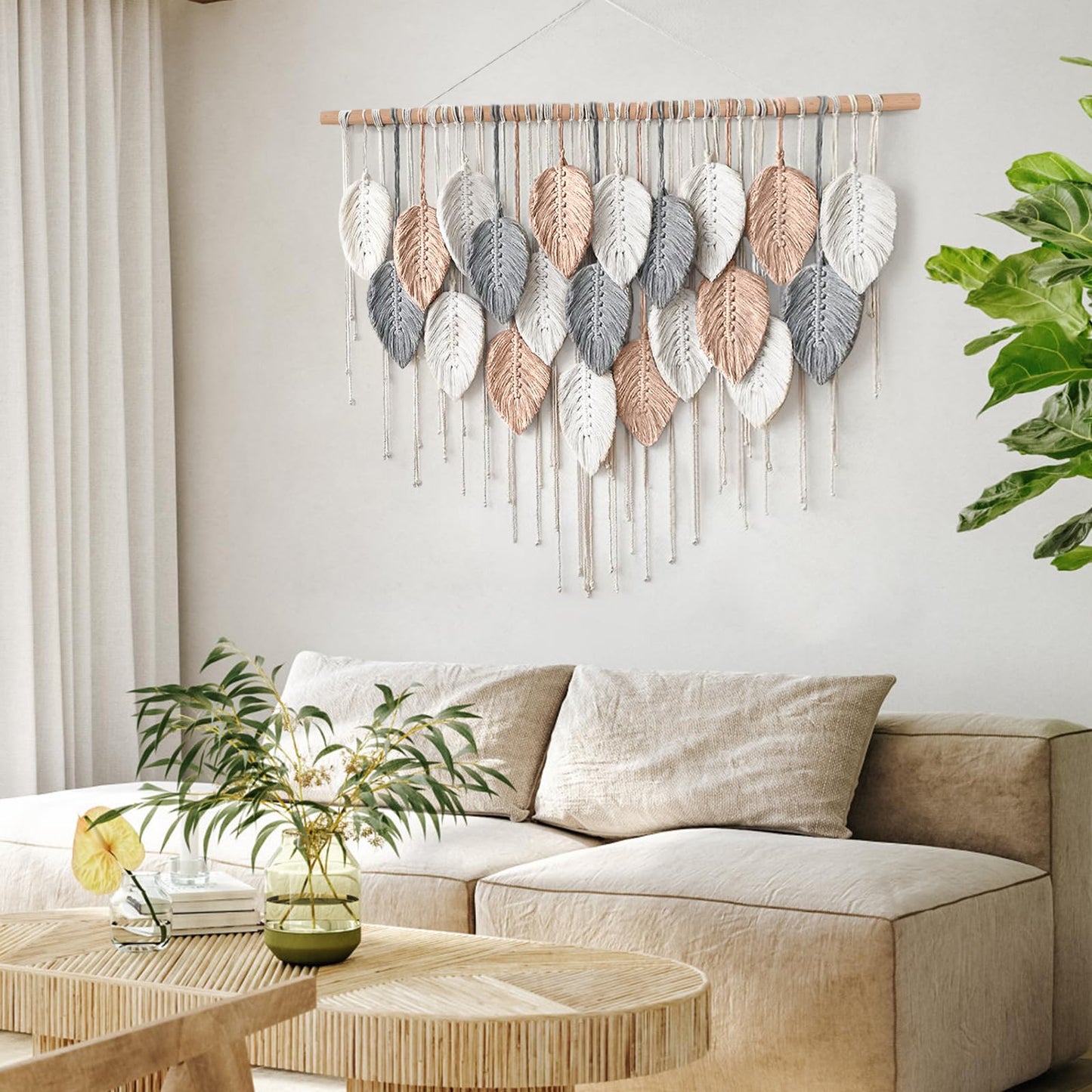 Alynsehom Large Macrame Wall Hanging, Boho Woven Tapestry, Chic Modern Bohemian Handmade Leaf Feather Wall Art Home Decor for Apartment Dorm Living Room Bedroom Nursery Backdrop (39" W X 29.5"" L)"