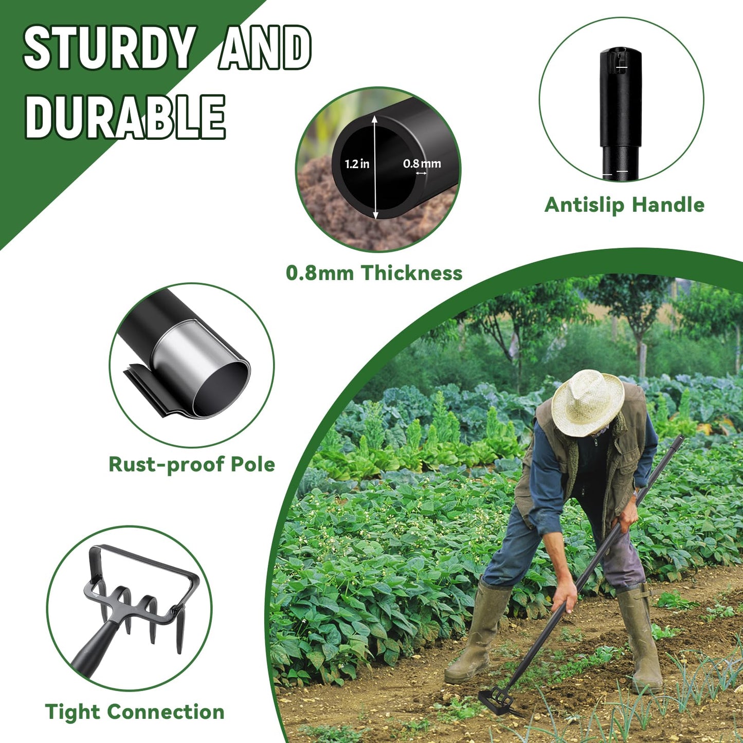 Stirrup Hoe, Heavy Duty Hula Hoe with 32-62" Adjustable Long Handle, 2 in 1 Action Hoe with Cultivator Rake, Scuffle Hoe, Hula Hoe Garden Tool for Weeding Grass, Loosening Soil, Sharp Blade, Black