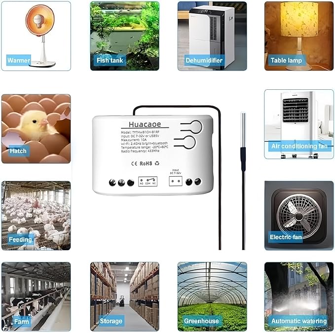 1CH Tuya Intelligent Temperature Sensor,7-32V Dry Contact Relay,Wireless Intelligent Monitoring,Temperature Control of Greenhouse Hatching Fish Tank seedlings,Compatible with Alexa Google Home