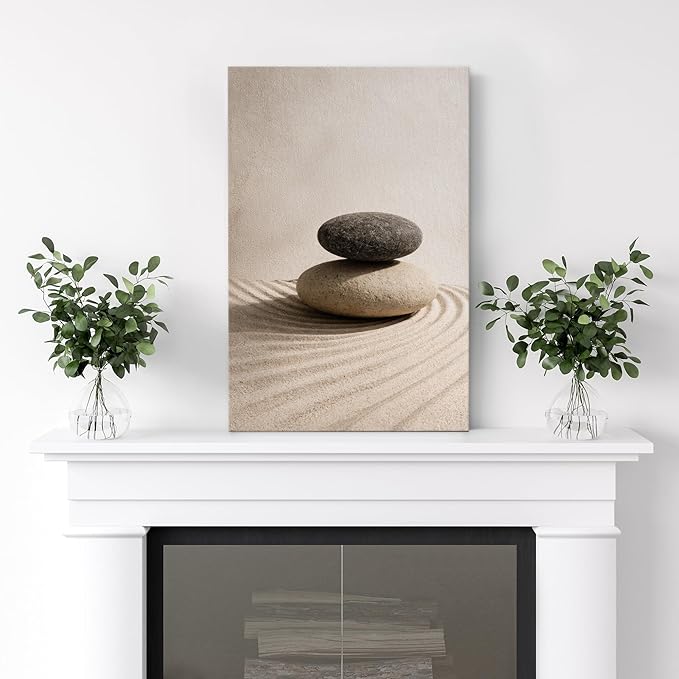 wall26 Canvas Print Wall Art Balanced Zen Stones on Raked Sand Minimal Neutral Photography Realism Rustic Colorful Multicolor for Living Room, Bedroom, Bathroom - 32"x48"