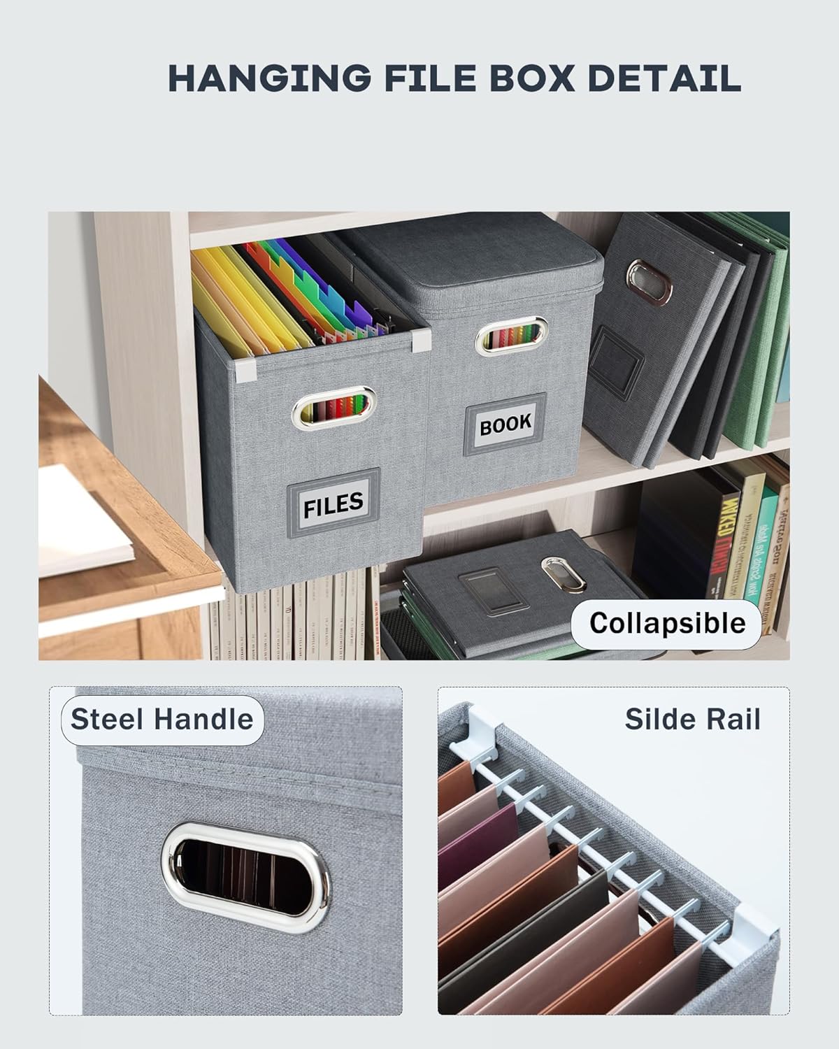 Oterri File Organizer Box with Lid, Hanging Filing File Box with Mesh Pocket, Document Organizer Box for Letter Files, Portable Storage Box with Smooth Sliding Rail for Office&Home(1 PCS, Grey)
