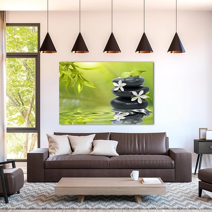 GUTTATY Zen Wall Art Decor, Modern Bathroom Zen Decor Wall Art, Canvas Wall Art for SPA Zen Room Decor, Green Bamboo Leaves and Pebble Relaxing Zen Art Prints for Office & SPA Wall Decor 24x36 Inches