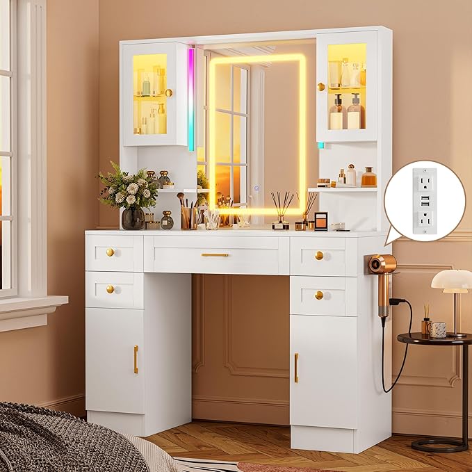 NUNU LAB White Vanity Desk with Mirror and Lights, Women Makeup Vanity with 16 RGB Colors Light & Power Outlet, 4 Cabinet, 2 Shelves & 5 Drawers for Bedroom (049 White)