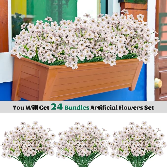 Lnoicy 24 Pcs Artificial Flowers for Outdoor,Plastic Flowers Decoration, UV Resistant Faux Flowers Shrubs, Artificial Plants for Indoor Outside Garden Home Wedding Farmhouse(White)