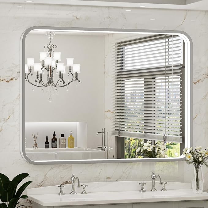LED Bathroom Mirror with Lights,48x36 Inch Brushed Silver Framed Lighted Vanity Mirror,Anti Fog Stepless Dimmable Wall Mounted(Horizontal/Vertical)