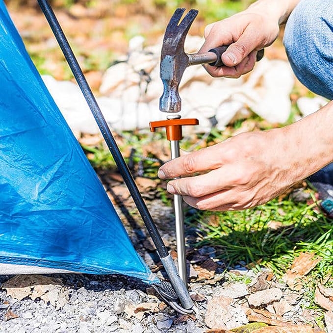 Eurmax USA Galvanized Non-Rust Camping Family Tent Pop Up Tent Stakes Canopy Anchors Heavy Duty 10pc-Pack, with 4x10ft Ropes & 1 Orange Stopper
