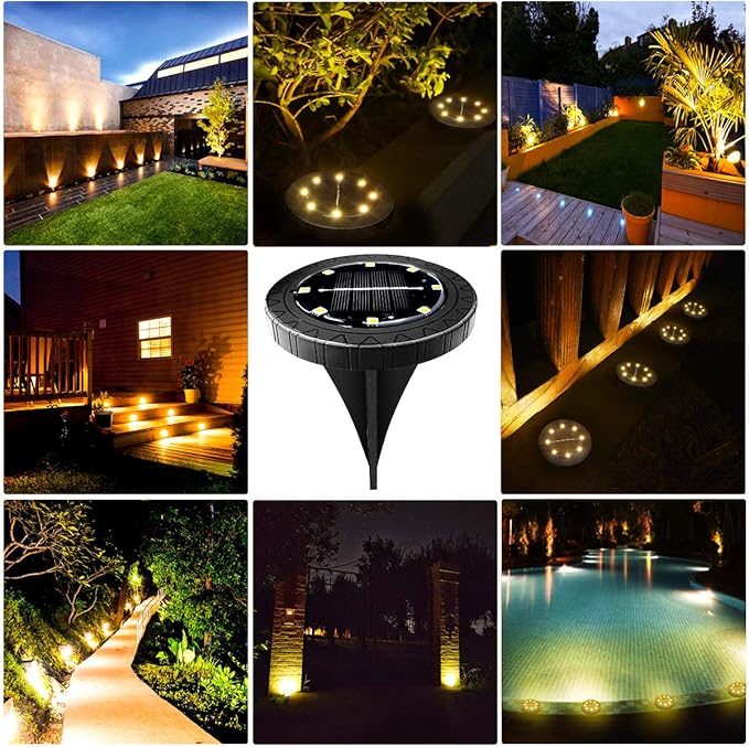 Solar Powered 8 Pack Outdoor LED Disk Lights - IP68 Waterproof, Non-Slip, Wear-Resistant Pathway Lights (Warm White)