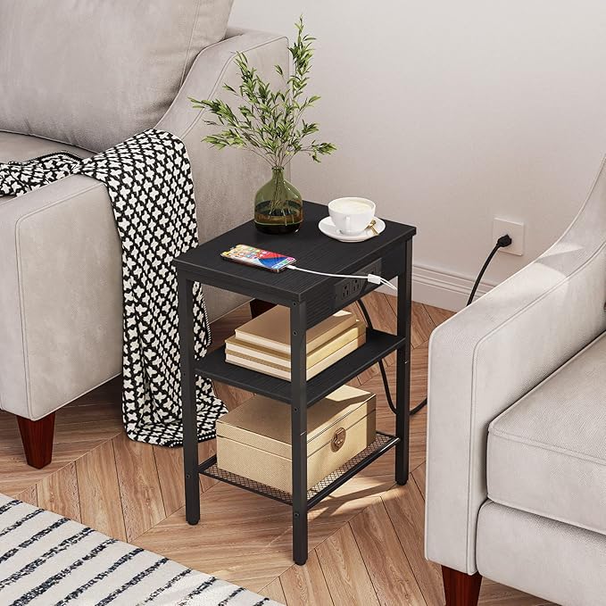 HOOBRO End Table with Charging Station and USB Port, 3-Tier Nightstand with Adjustable Shelf, Small Side Table for Small Space in Living Room, Bedroom and Balcony, Black BB112BZ01