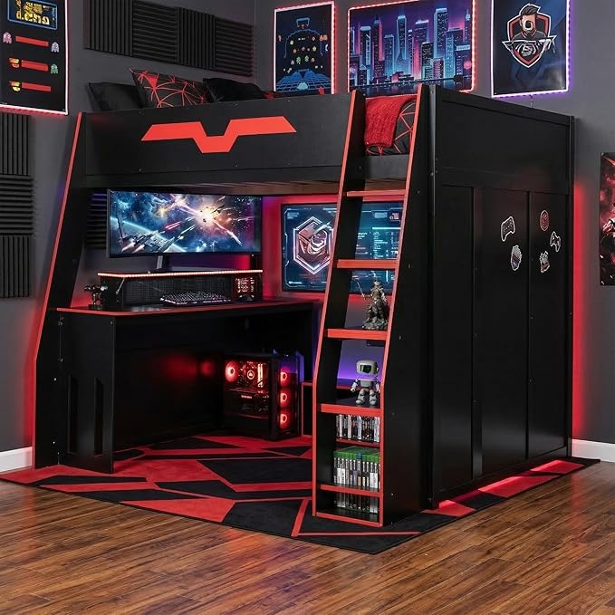 LUMISOL Full Size Wood Loft Bed with Desk and Multi-Storage Shelves, Gaming Loft Bed with RGB LED Lights and Adjustable Desk Placement, Space-Saving Game Bedframe with Under-Bed Storage, Red