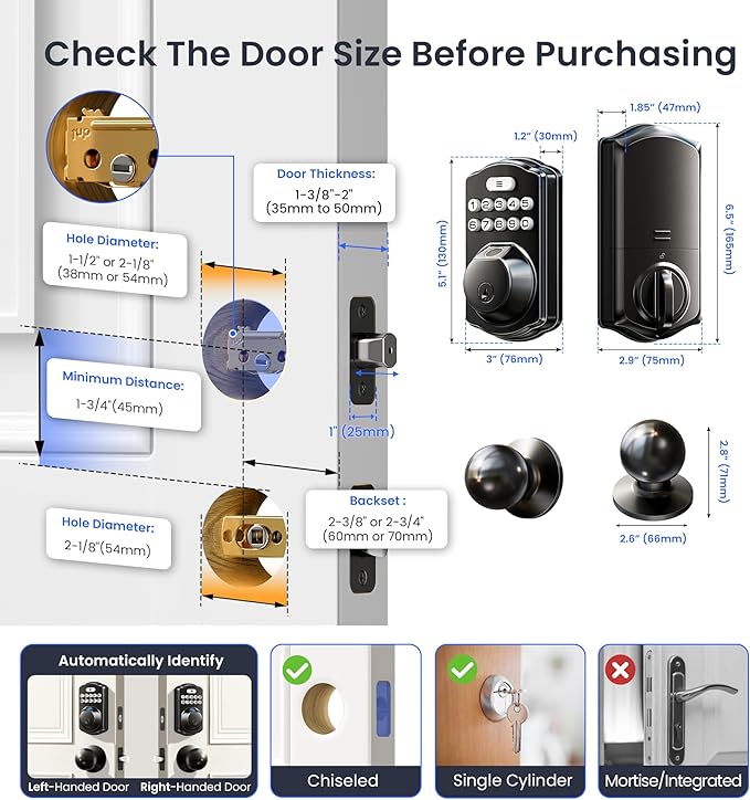 Veise VE012W-K Built-in WiFi Fingerprint Smart Lock with 2 Knobs, No Hub Needed, Remote APP Control, Keyless Entry Door Lock, Smart Deadbolt for Front Door, Auto Locking, Matte Black