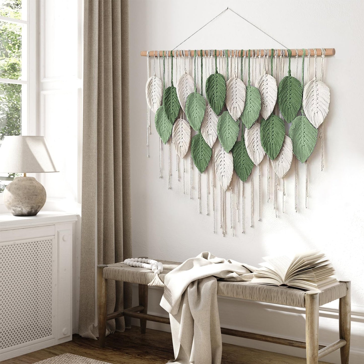 Weldomcor Large Macrame Wall Hanging, Boho Leaves Macrame Tapestry Wall Decor Handmade Woven Hanging Decor Chic Bohemian Wall Art Home Decoration for Bedroom Living Room Nursery Office 39"W x 29.5""L"