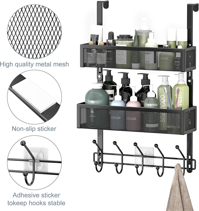 Adjustable Over The Door Hooks Organizer, Door Hanger Coat Rack with 2 Mesh Baskets and 10 Hooks, Back of Door Storage Organizer for Bedroom,Bathroom,Kitchen (Black)