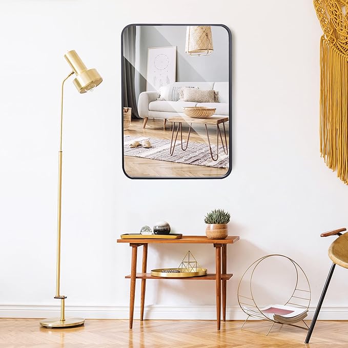 SUPER DEAL 22x30 Inch Black Wall Mirror for Bathroom, Wall Mounted Rectangular Entryways Decor Vanity Mirrors with Stainless Steel Metal Frame and Rounded Edge