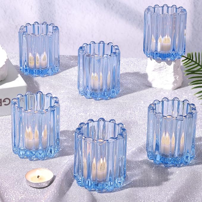 6 PCS Votive Candle Holder, Blue Glass Candle Holders, Tealight Candle Holder for Wedding Centerpieces Dinner Party Baby Shower Table Decor