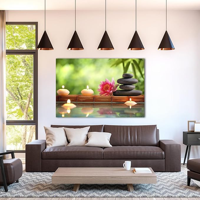 Zen Wall Art Decor, Modern Bathroom Zen Decor Wall Art, Canvas Wall Art for Spa Zen Room Decor, Green Bamboo Forest and Black Pebble Relaxing Art Prints for Office Meditation Decor 24x36 Inches