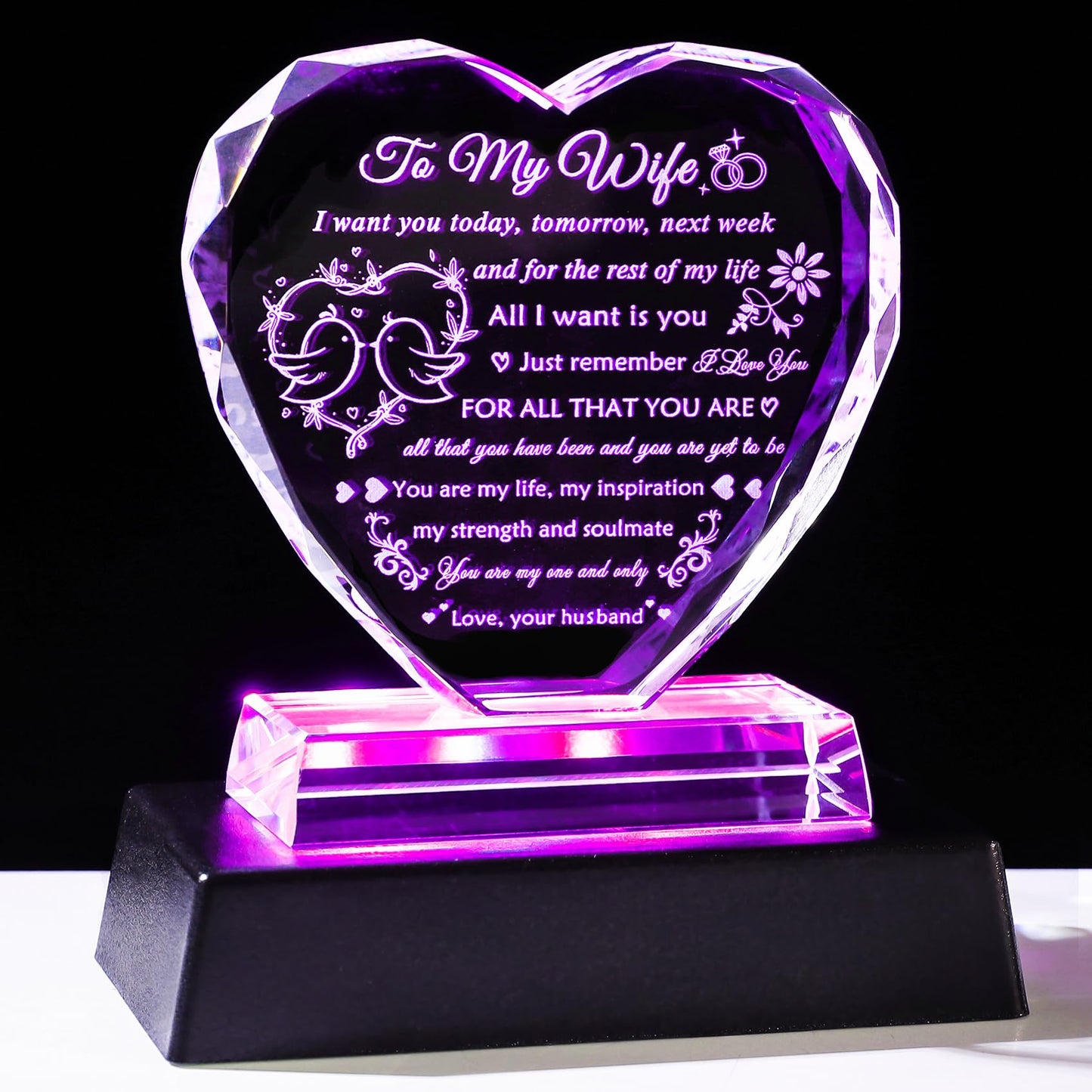 YWHL Gifts for Wife from Husband Birthday Gifts for Wife Crystal Keepsake Anniversary Present with Colorful LED Base Romantic I Love You Gift for Her on Valentines Mothers Day Christmas