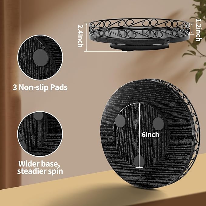 Yoobure 13" Lazy Susan Turntable for Cabinet - Farmhouse Wooden Round Tray for Table Top, 360° Rotating Lazy Susans Counter Organizer with Patterned Raised Edge for Kitchen Dining Table Decor, Black