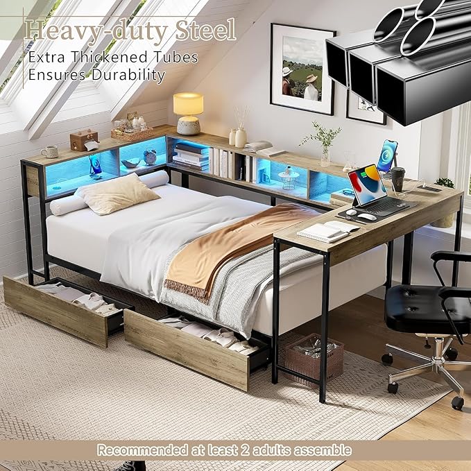 Twin Corner Bed Frame with Desk and Storage Bookcase, L- Shaped Daybed with 2 Drawers, LED Lights & 2 Charging Station, Modern Metal Twin Size Platform Bed for Kids/Teen Bedroom, Brown