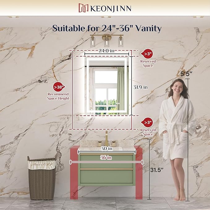 Keonjinn LED Mirror 24 x 32 Inch, Lighted Bathroom Vanity Mirror for Wall, Fronlit Only, HD Tempered Glass, UL-Listed LED Driver, Anti-Fog, Dimmale 6000K, Easy Installation(Horizontal/Vertical)
