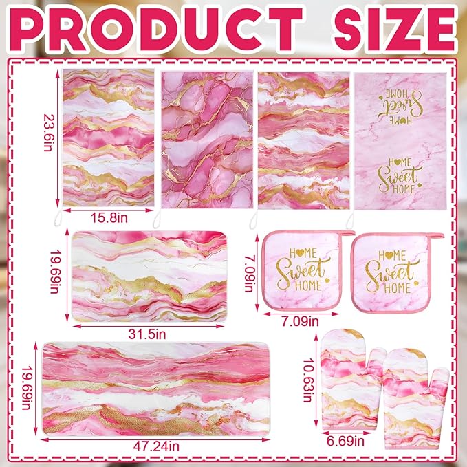 Fourluoo 10 Pcs Kitchen Dish Towels Rugs Oven Mitts and Pot Holders Kit Farmhouse Kitchen Decor Set Gloves Vintage Potholders for Baking Cooking Chef(Pink,Modern)