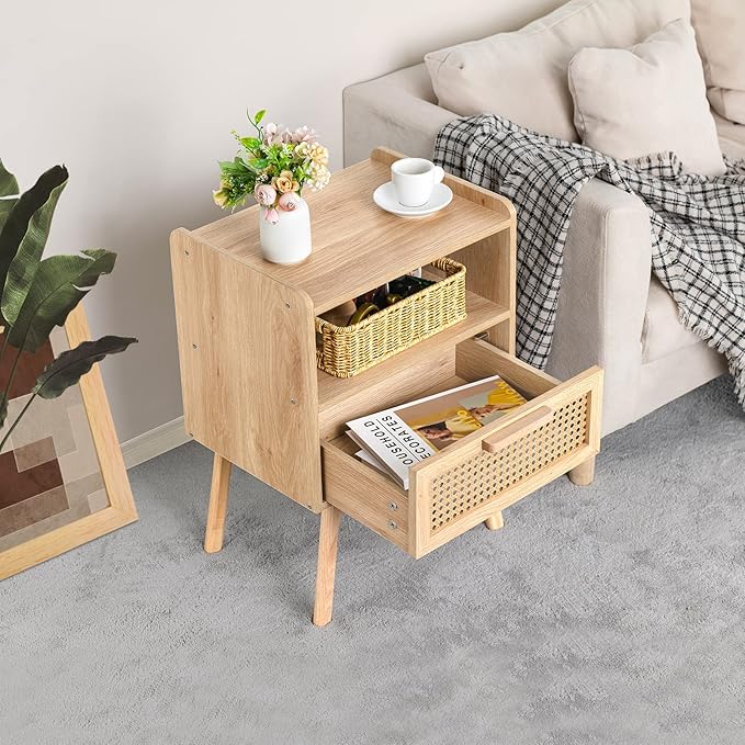 Lerliuo Rattan Nightstands Set of 2, Boho Side Table with Drawer Open Shelf, Cane Accent Bedside End Table with Solid Wood Legs for Bedroom, Dorm and Small Spaces (Natural)