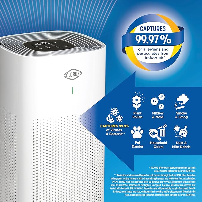 Clorox HEPA Air Purifiers for Home, True HEPA Filter, XL Rooms Up to 2,200 Sq Ft, Removes 99.9% of Mold, Viruses, Wildfire Smoke, Allergens, Pet Allergies, Dust, AUTO Mode, Whisper Quiet