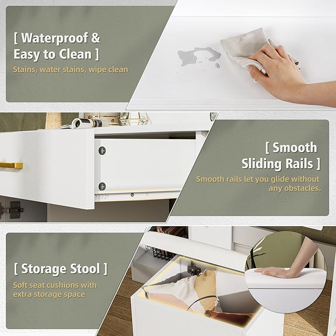 NUNU LAB Morden Makeup Vanity Desk with Mirror, Bedroom Dressing Table Set with Storage Shelf and 5 Drawers, Large Vanity Table with 10 LED Lights for Women, White with Extended Desktop