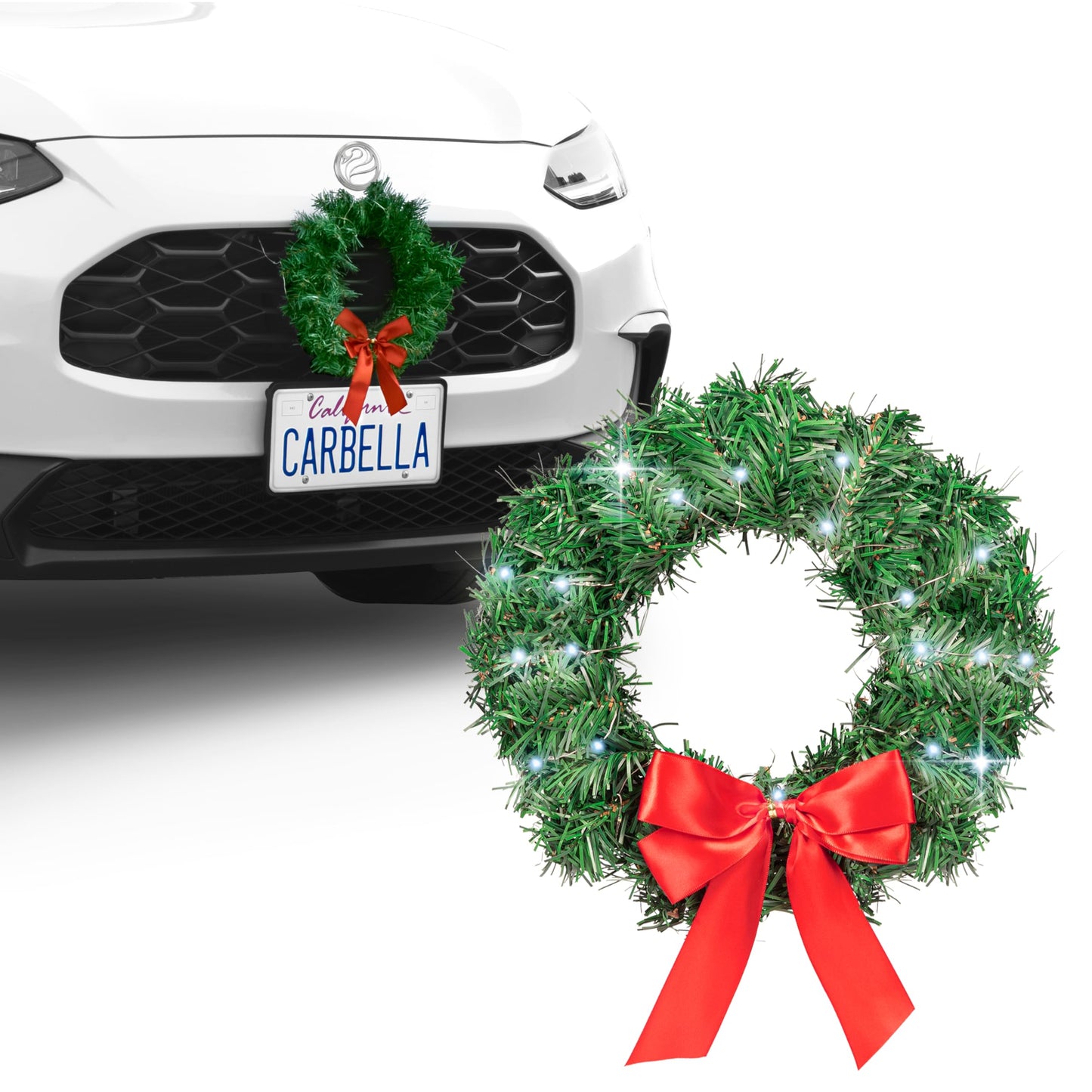 Carbella Christmas Wreath for Car Truck SUV Van, LED Light Up with Red Bow Decoration Ornament Mount Xmas Artificial Pine Water-Proof Winter Holiday Wreath Mounting Hardware Included (11" x 11"")"