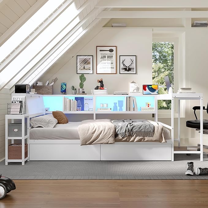 Full Corner Bed Frame with Desk, LED Lights & Charging Ports, L-Shaped Daybed with Storage Drawers, Bookcase & Open Shelves, Modern Full Size Daybed for Kids, Teens & Compact Bedrooms,White