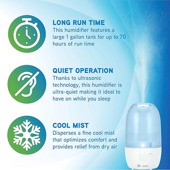 PureGuardian Ultrasonic Cool Mist Humidifier with Aromatherapy Tray, 70-Hour Run Time, 1-Gallon Tank Capacity, 320 Sq. Ft. Coverage for Small Rooms, Quiet Operation, H975AR