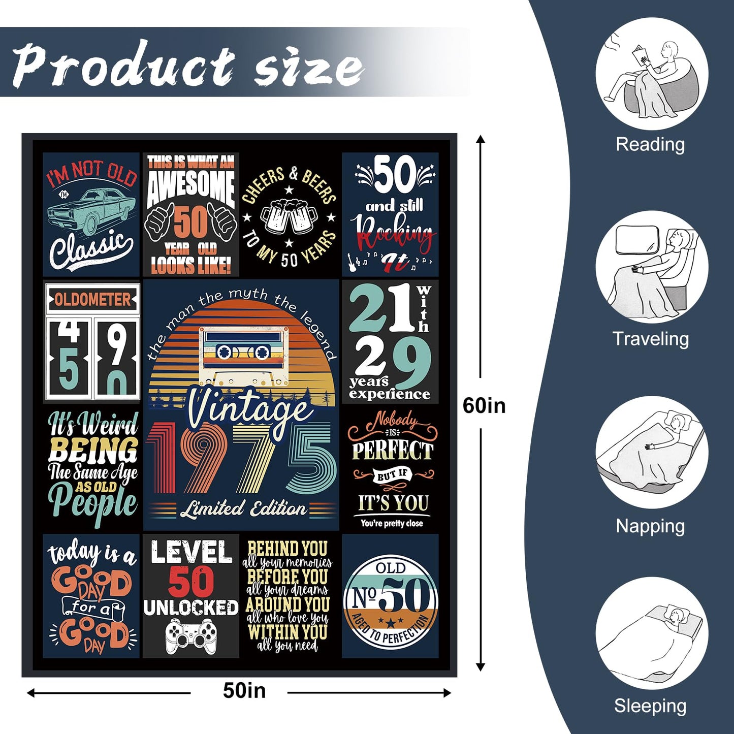 Kesidilo 50th Birthday Gifts for Him, 1975 Birthday Blanket, 50th Birthday Gifts for Men Funny, Mens 50th Birthday Gift Ideas, 50 Year Old Gifts for Men