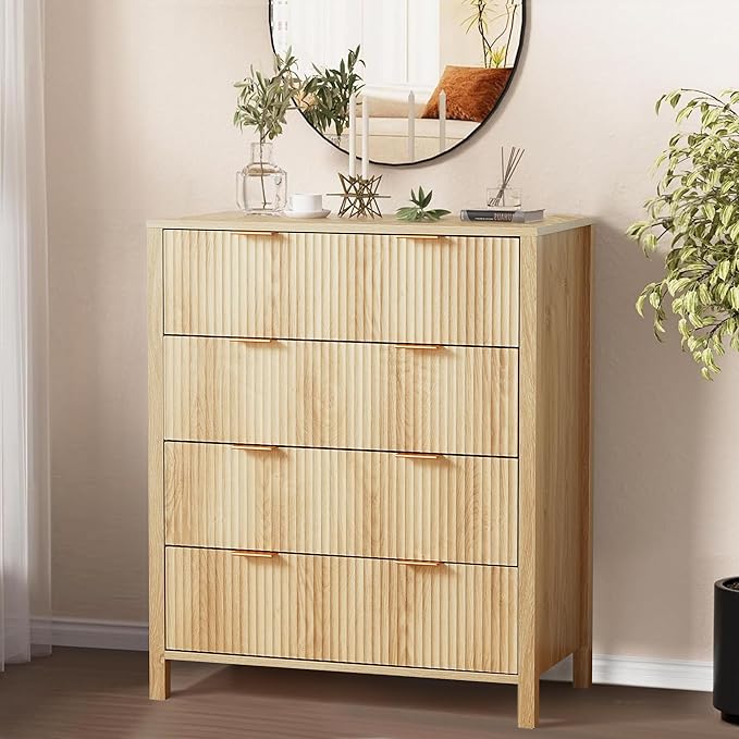 4 Drawer Dressers for Bedroom, Modern Closet Chest of Drawers with Waveform Fluted Panel, Large Wood Storage Dresser Organizer for Nursery Bedroom Living Room Hallway Closet, Natural