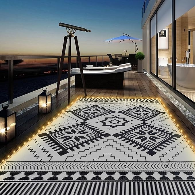 8x10ft Waterproof Outdoor Rug with LED Lights, Boho Reversible Plastic Straw Mat for Patio RV Camping Picnic Balcony Beach Deck Indoor Outdoor Carpet, Black&White