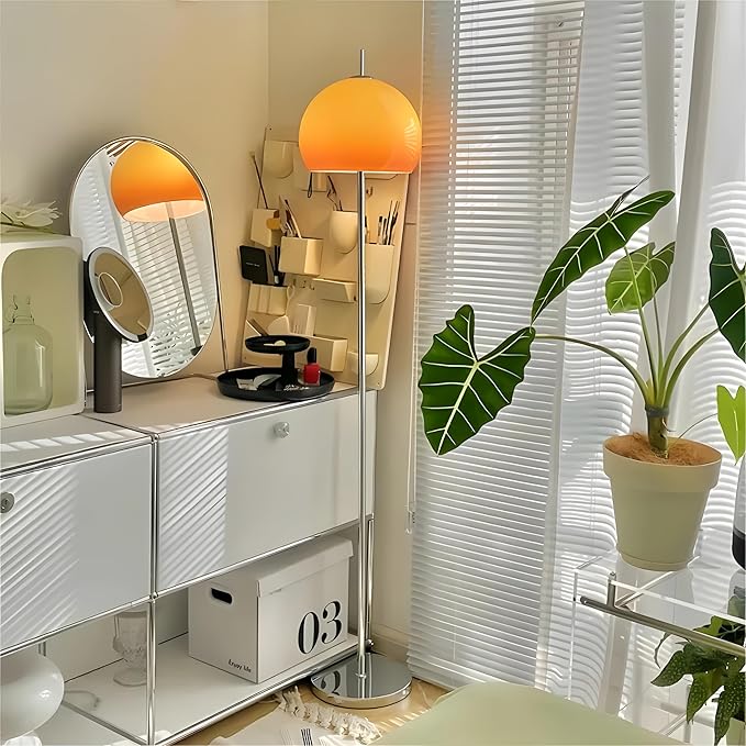 Bofea-Mid Century Modern Floor Lamps for Living Room,Mushroom Floor Lamp with Orange Glass Shade,Dimmable Reading Lamp,Ambiance Lighting,Orange Tall Lamps for Living Room Corner,Bedroom Home Decor