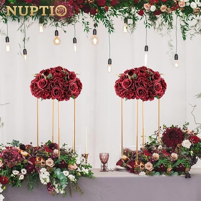 NUPTIO Flower Balls for Wedding Centrepieces - 10 Pcs 15.7 inch Diam Large Burgundy Artificial Flowers Roses Ball Fake Flower Arrangement Bouquet Faux Rose for Wedding Party Centrepiece Decorations