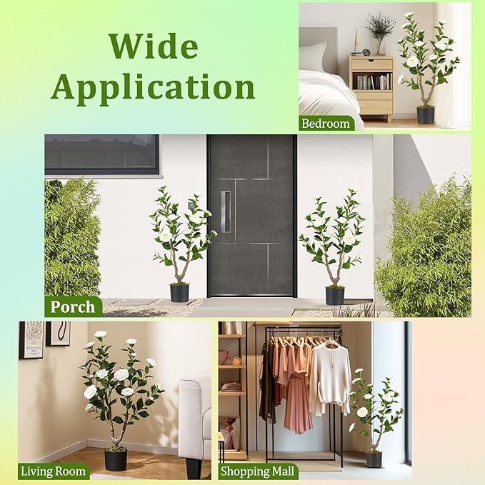 GOFLAME 3FT Artificial Camellia Tree, 2 Pack Faux Camellia Plant with White Flowers, Solid Wood Trunk, Realistic Moss, Greenery Potted Decoration Tree for Indoor Outdoor Home Porch Front Door