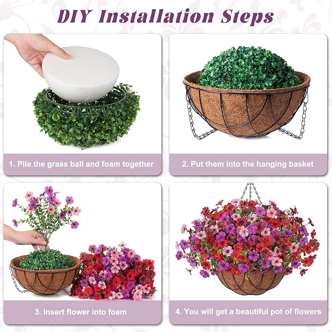 Artificial Silk Flowers Hanging Baskets Outdoors Indoors, Fake Daisy with Eucalyptus Leaves Arrangement for Garden Yard Spring Summer Decor Faux Green Plant(Red Brown Purple Pink)