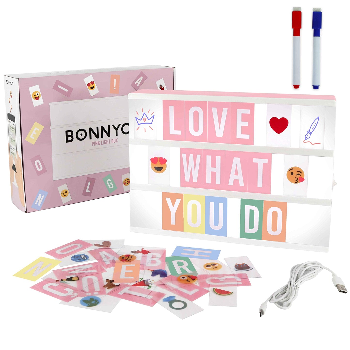 Pink Cinema Light Box with 400 Letters, Emojis, 2 Markers - BONNYCO | Led Light Box Home Office & Room Decor | Cinema Led Sign Letters Board Gifts for Women and Girls Christmas Birthdays | Pink Decor