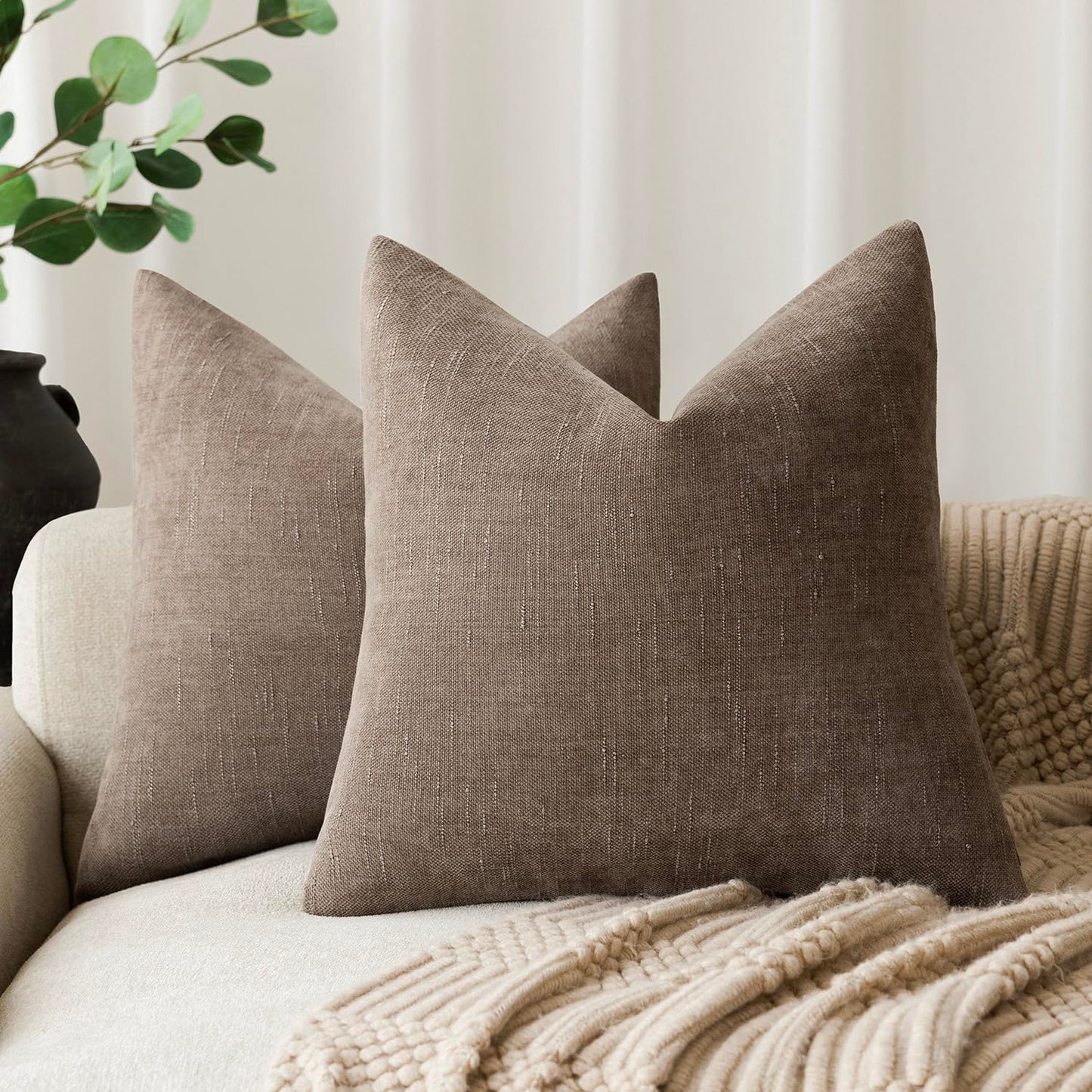 Foindtower Pack of 2 Soft Textured Throw Decorative Pillow Covers Square Accent Solid Cushion Cover Cozy Farmhouse Pillow Case with Zipper for Couch Sofa Bedroom Living Room 18x18 Inch, Taupe