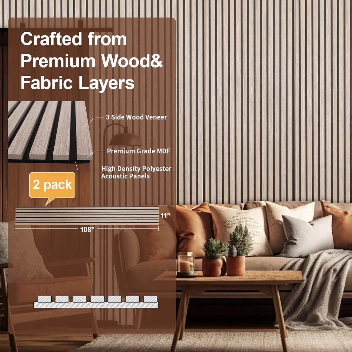 Yuzzy Wood Panels for Wall and Ceiling - 108 x 11 Inch Wood Slat Acoustic Panels 2 PCS - Modern Sound Absorbing Wall Panels for Interior Wall Decor for Home, Office, Studio - Rustic Walnut