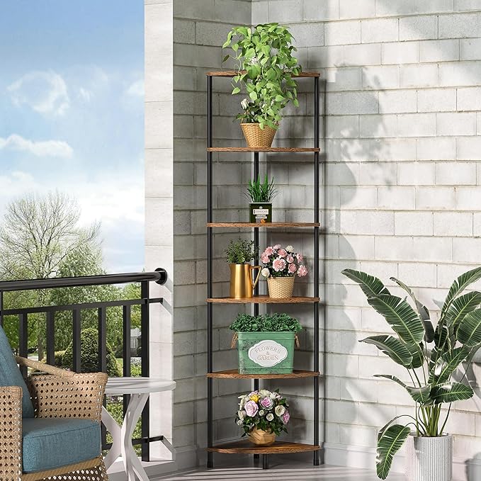 Corner Plant Stand Shelf, 6 Tier Tall Shelf for Indoor Plants, Rustic Brown Corner Bookshelf Wall Decor Living Room, 54.4" Display Shelves for Bedroom, Bathroom, Small Space