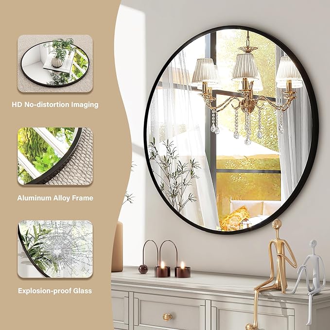 HARRITPURE Round Mirror 19.6 Black Wall Mounted Circle Mirrors Vanity Mirror with Brushed Aluminum Alloy Frame Modern Decoration for Bathroom, Living Room, Vanity, Bedroom, Entryway