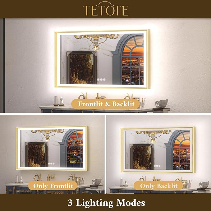 TETOTE Gold LED Bathroom Mirror with Lights 55x36 Front & Back Light Vanity Framed Mirror Baroque Anti Fog Dimmable White/Warm/Natural,CRI90+,Waterproof,Wall Mounted(Horizontal/Vertical)