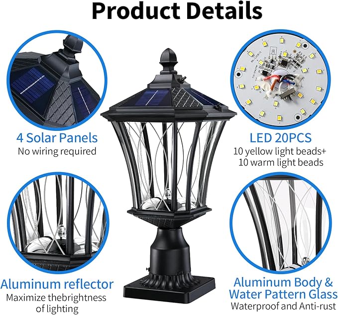 19.6" Solar Post Lights, Dusk to Dawn Outdoor Post Lights Solar Lamp Post Light, Black Pole Lights Outdoor with Pier Mount Base, Waterproof Outdoor Lamp Post for Yard FrontDoor Pathway Garage, 1 Pack