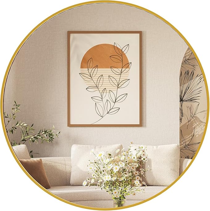 Sweetcrispy 30in Round Bathroom Mirrors for Wall, Bathroom Mirrors for Over Sink, Wall Decor for Bathroom, Entryway, Bedroom, Vanity, Classical Gold